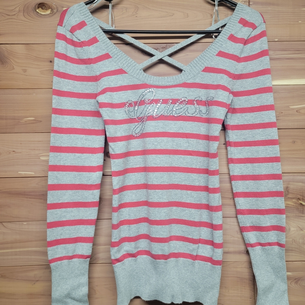 Guess Women's V-Neck Sweater - Pink and Gray Stripes